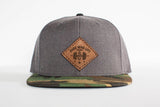 Camo/Grey Flat Bill Snapback - Brown Leather Patch