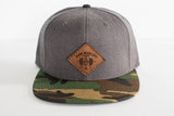 Camo/Grey Flat Bill Snapback - Brown Leather Patch