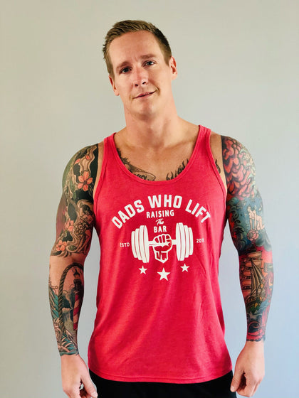 dads who lift heather red tank